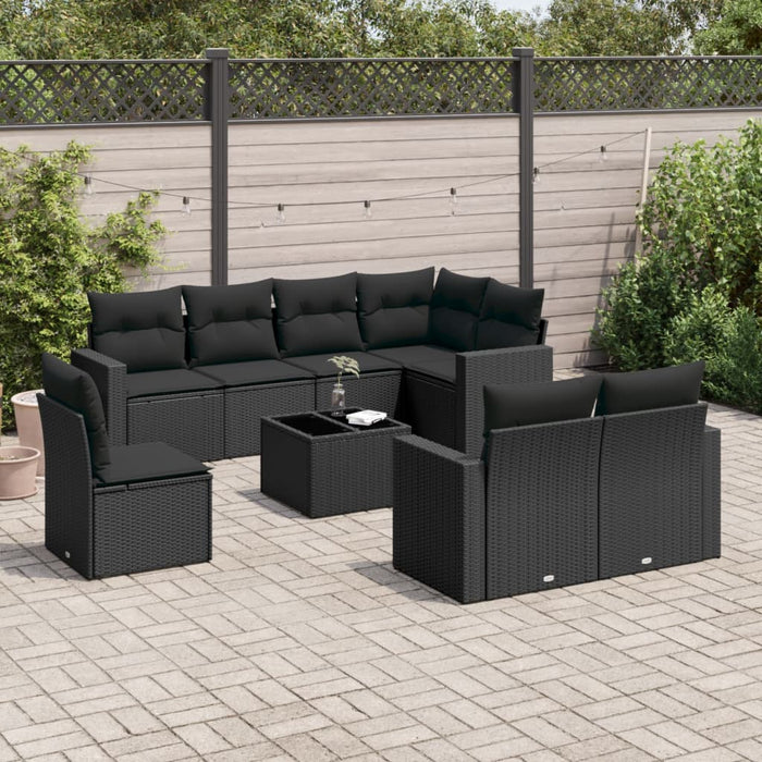 Set mobilier de grădină cu perne, 9 piese, negru, poliratan WALTI
