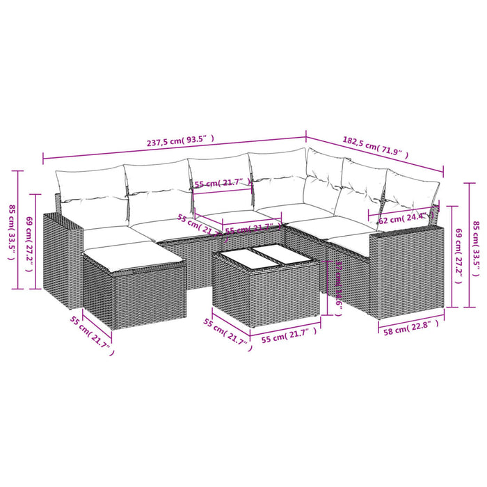 Set mobilier de grădină cu perne, 8 piese gri deschis poliratan WALTI