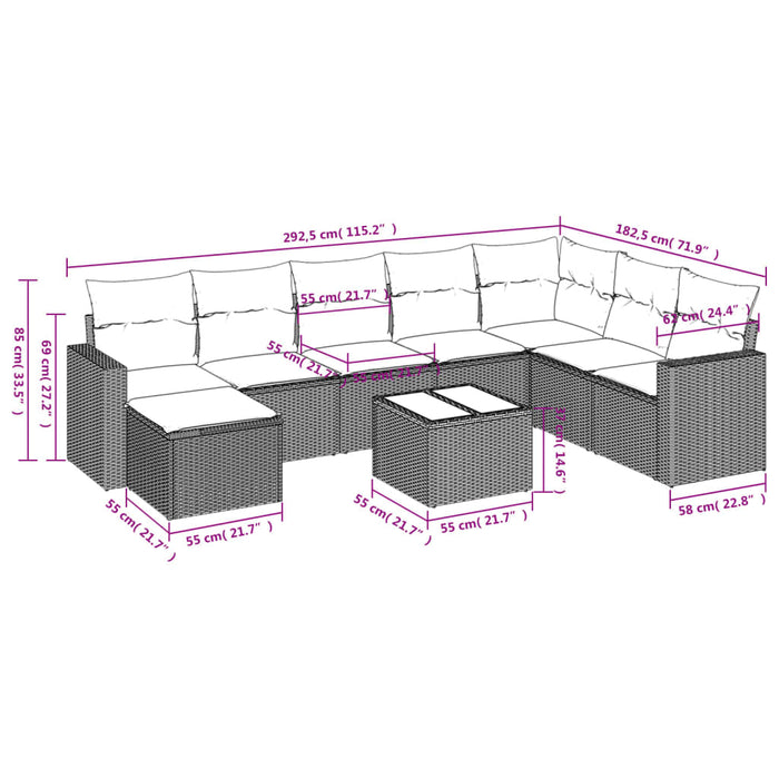 Set mobilier de grădină cu perne, 9 piese, negru, poliratan WALTI