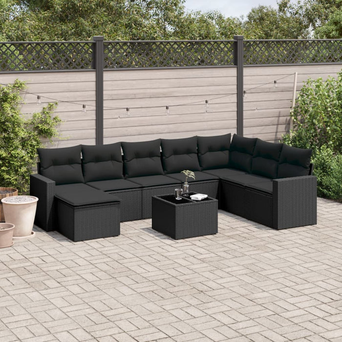 Set mobilier de grădină cu perne, 9 piese, negru, poliratan WALTI
