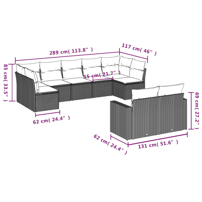 Set mobilier de grădină cu perne, 9 piese, negru, poliratan WALTI
