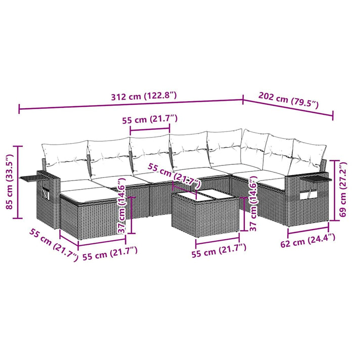 Set canapele de grădină cu perne, 9 piese gri deschis poliratan WALTI