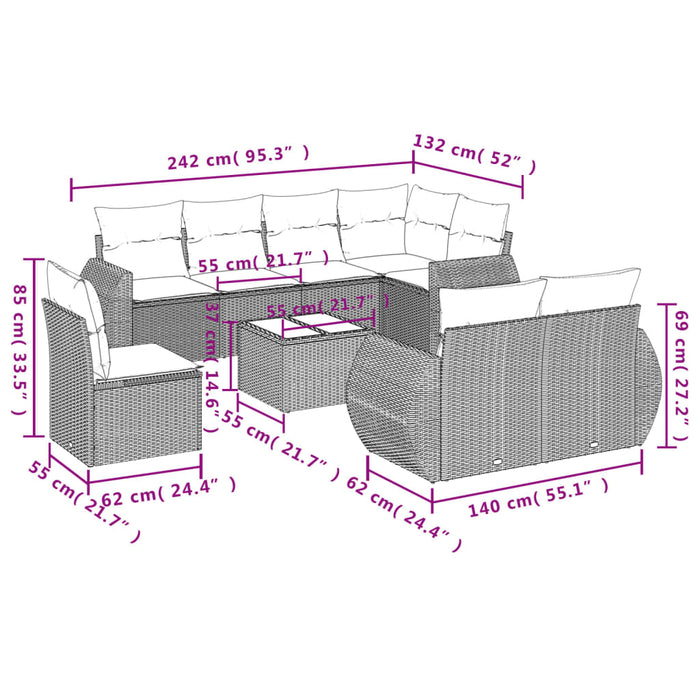 Set mobilier de grădină cu perne, 9 piese, negru, poliratan WALTI