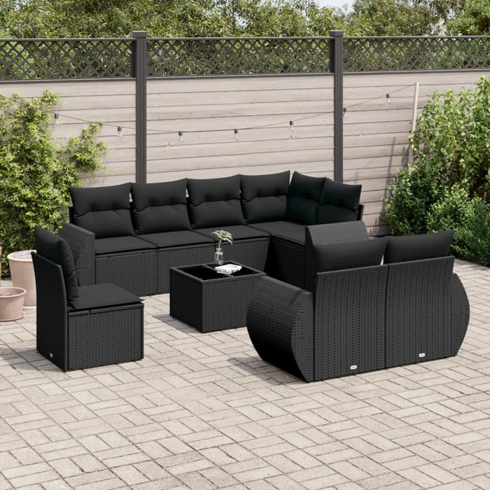 Set mobilier de grădină cu perne, 9 piese, negru, poliratan WALTI