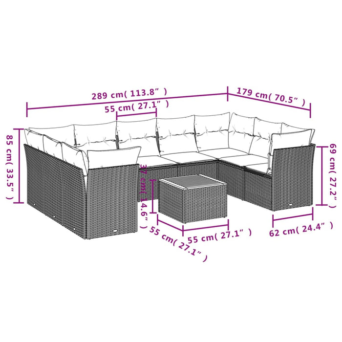 Set canapele de grădină cu perne, 10 piese, negru, poliratan WALTI