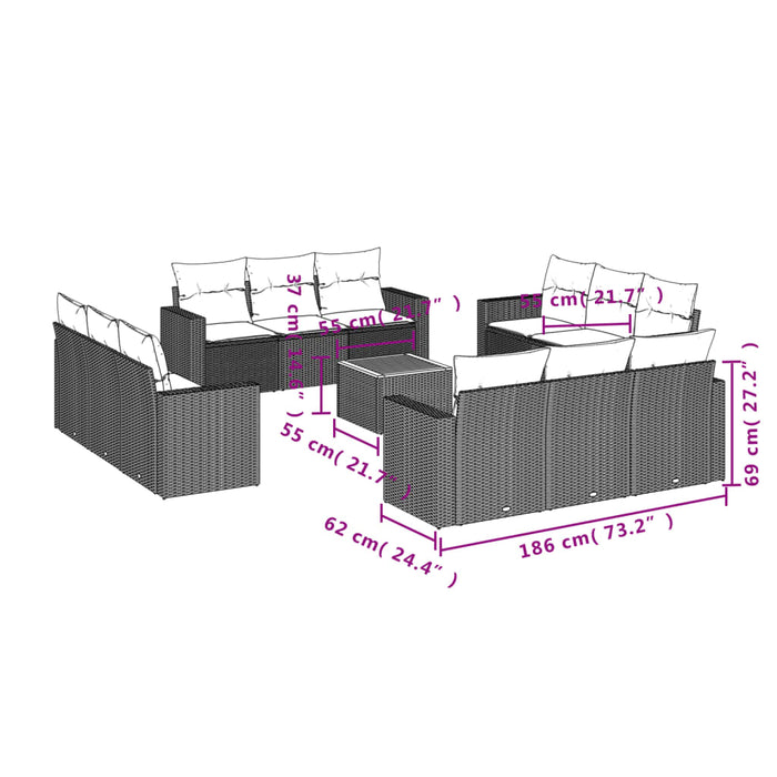 Set mobilier de grădină cu perne, 13 piese, negru, poliratan - WALTI WALTI