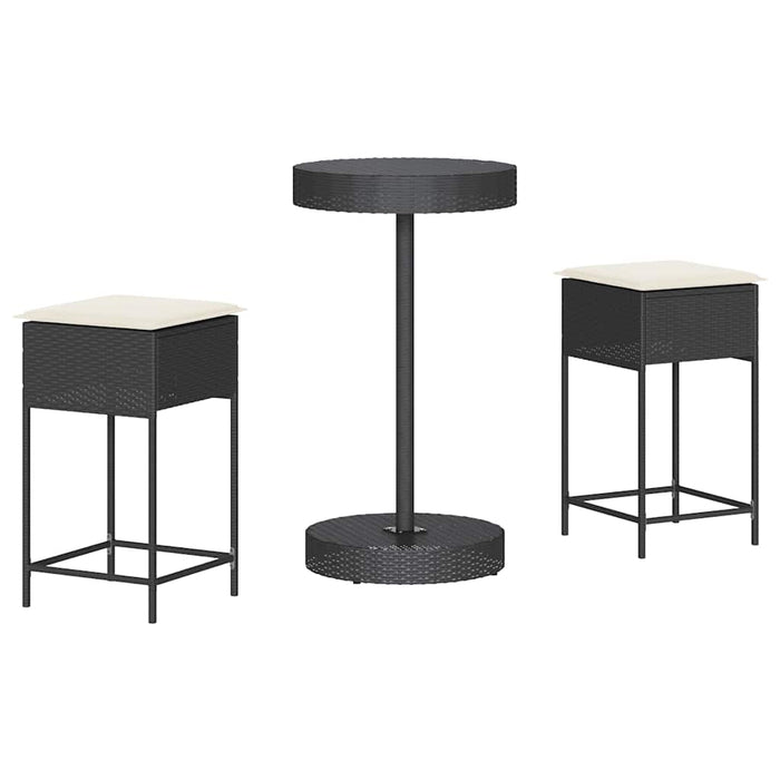 Set mobilier bar de grădină cu perne, 3 piese, negru, poliratan WALTI