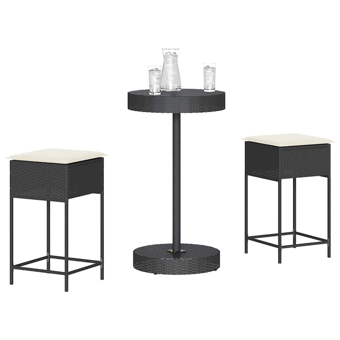 Set mobilier bar de grădină cu perne, 3 piese, negru, poliratan WALTI