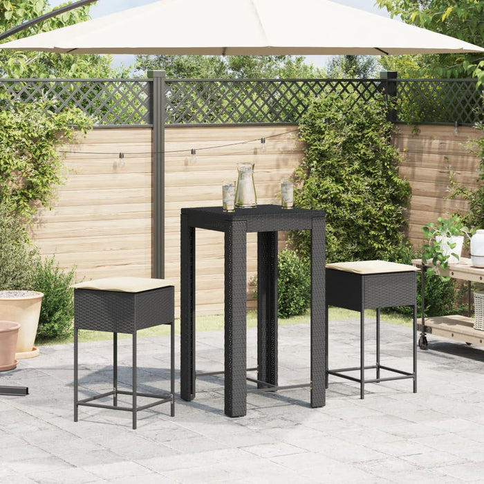 Set mobilier bar de grădină cu perne, 3 piese, negru, poliratan WALTI