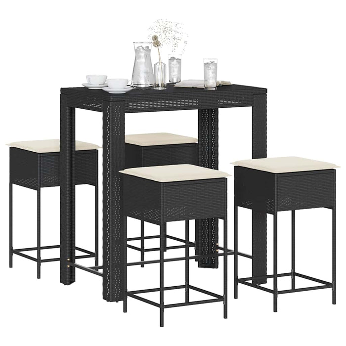 Set mobilier bar de grădină cu perne, 5 piese, negru, poliratan WALTI