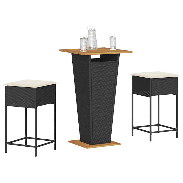 Set mobilier bar de grădină cu perne, 3 piese, negru, poliratan WALTI