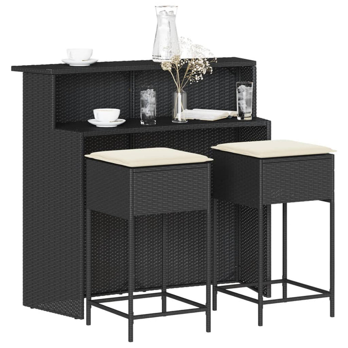 Set mobilier bar de grădină cu perne, 3 piese, negru, poliratan WALTI