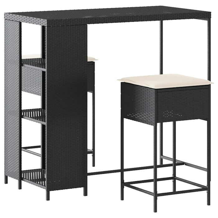 Set mobilier bar de grădină cu perne, 3 piese, negru, poliratan WALTI
