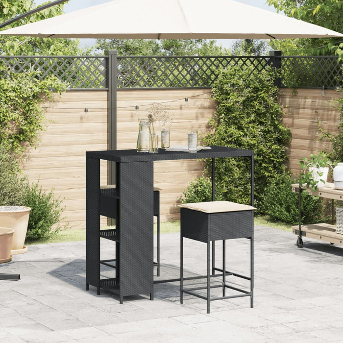 Set mobilier bar de grădină cu perne, 3 piese, negru, poliratan WALTI