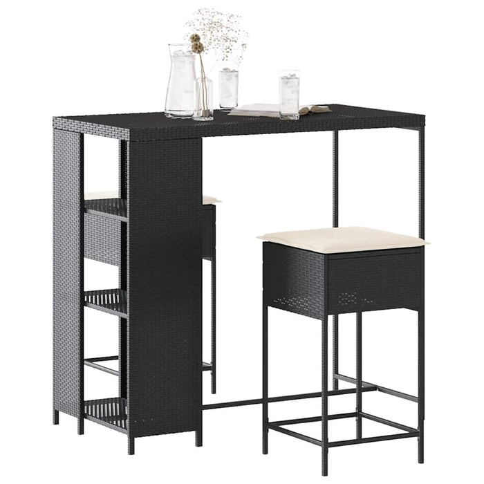 Set mobilier bar de grădină cu perne, 3 piese, negru, poliratan WALTI