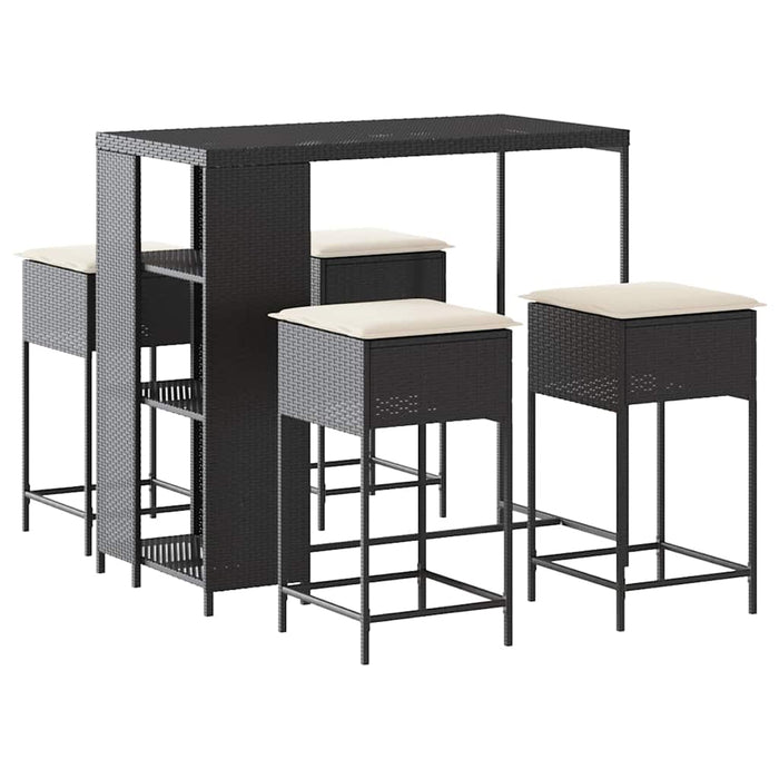 Set mobilier bar de grădină cu perne, 5 piese, negru, poliratan WALTI