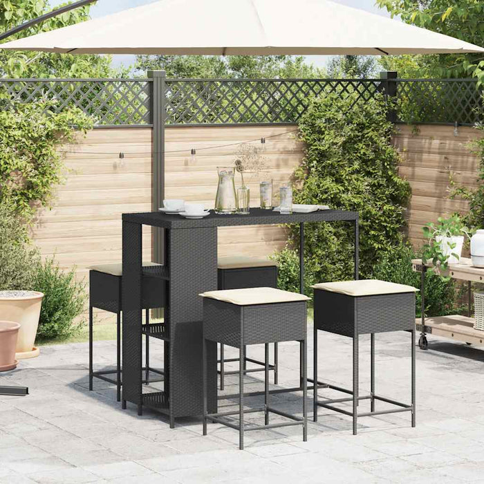 Set mobilier bar de grădină cu perne, 5 piese, negru, poliratan WALTI