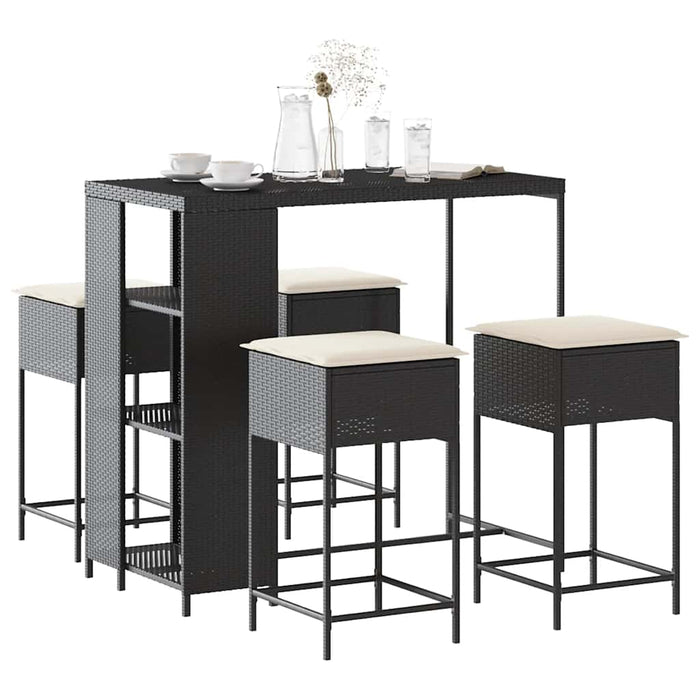 Set mobilier bar de grădină cu perne, 5 piese, negru, poliratan WALTI