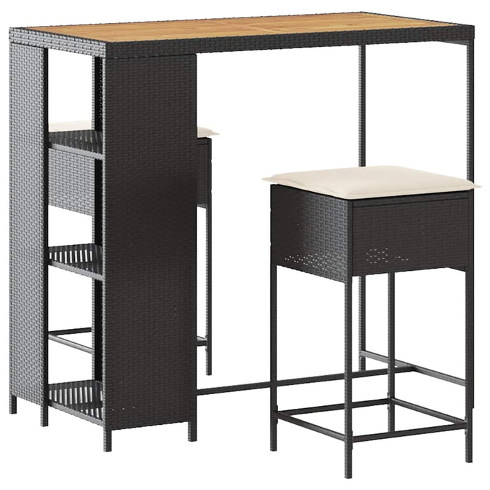 Set mobilier bar de grădină cu perne, 3 piese, negru, poliratan WALTI
