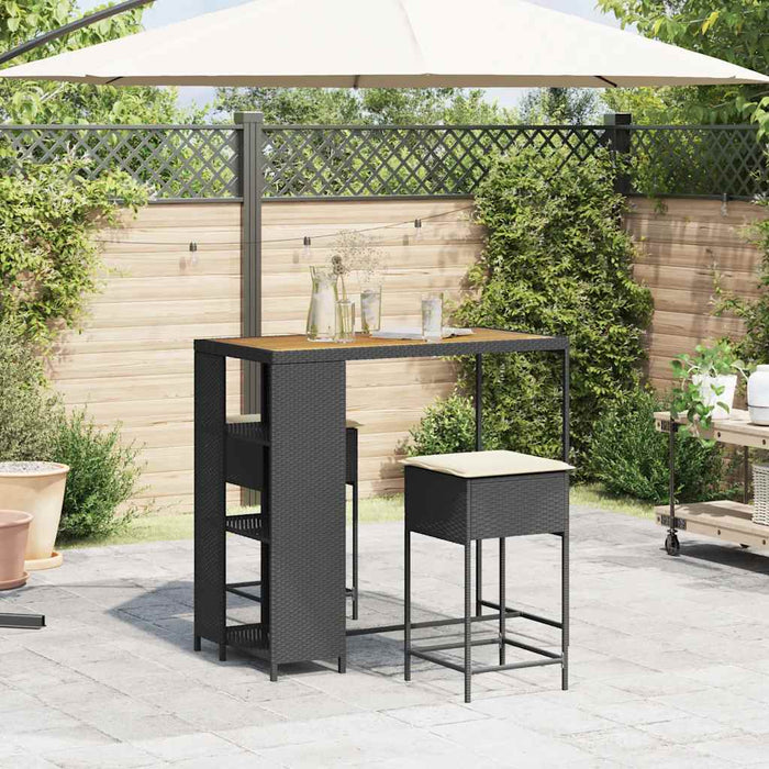 Set mobilier bar de grădină cu perne, 3 piese, negru, poliratan WALTI