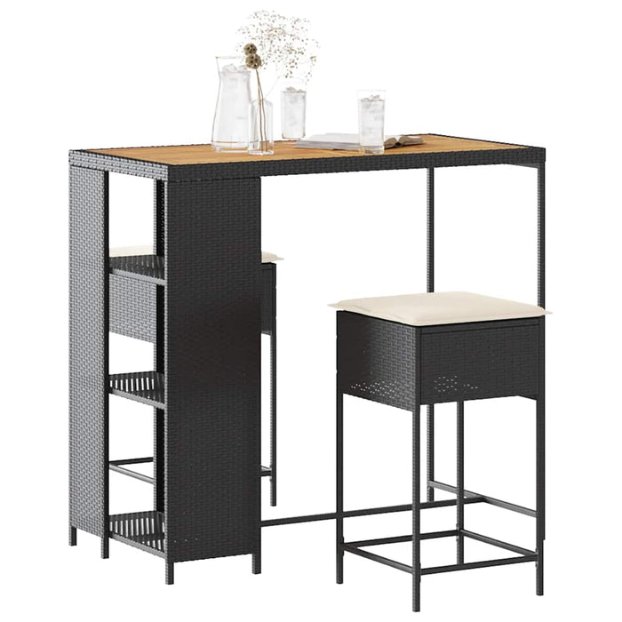 Set mobilier bar de grădină cu perne, 3 piese, negru, poliratan WALTI