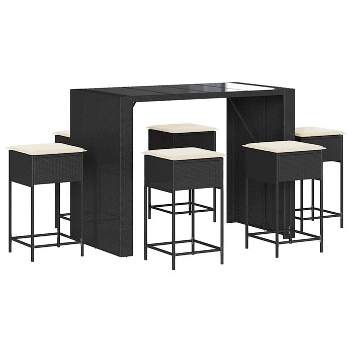 Set bar de grădină, 7 piese, cu perne, negru, poliratan WALTI