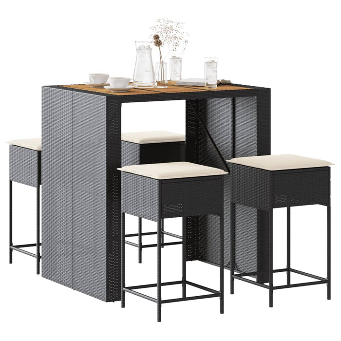 Set mobilier bar de grădină cu perne, 5 piese, negru, poliratan WALTI
