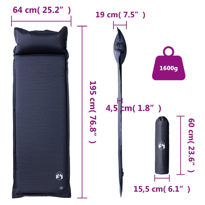 Saltea de camping auto-gonflabilă, cu pernă, 1 persoană, gri - WALTI WALTI