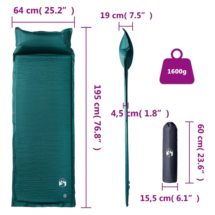Saltea camping auto-gonflabilă, cu pernă, 1 persoană, verde - WALTI WALTI