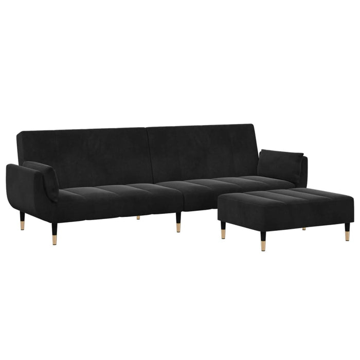 Canapea extensibilă cu taburet, 2 locuri, negru, catifea WALTI