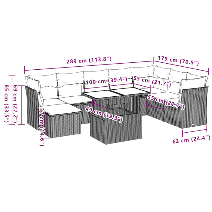 Set mobilier de grădină cu perne, 9 piese, negru, poliratan WALTI
