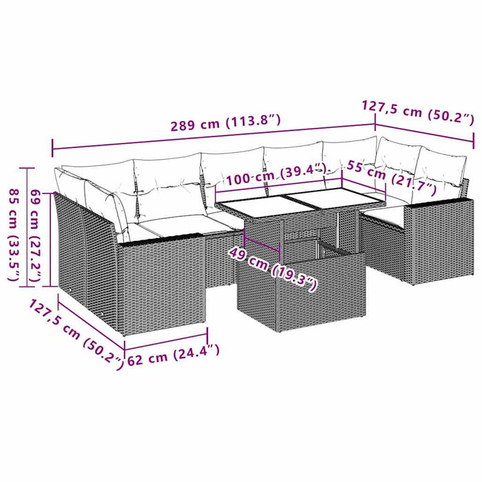 Set mobilier de grădină cu perne, 8 piese, negru, poliratan WALTI