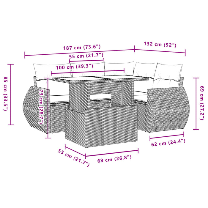 Set mobilier de grădină cu perne, 5 piese, negru, poliratan WALTI