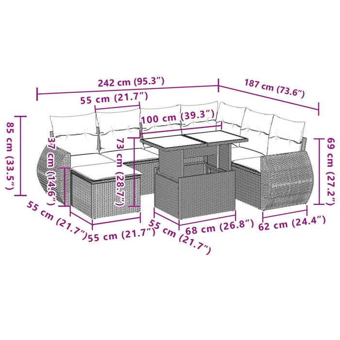 Set mobilier de grădină cu perne, 8 piese gri deschis poliratan - WALTI WALTI