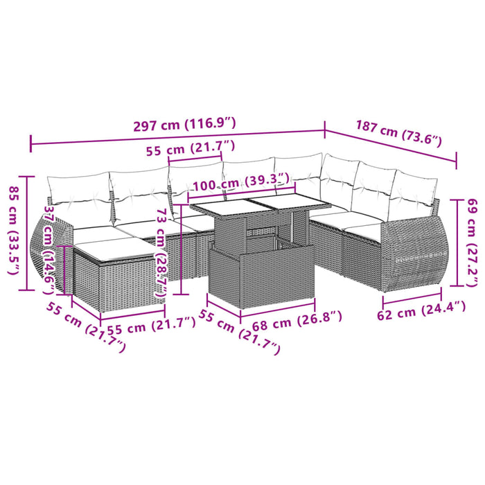 Set mobilier de grădină cu perne, 9 piese, negru, poliratan WALTI