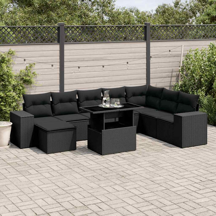 Set mobilier de grădină cu perne, 9 piese, negru, poliratan - WALTI WALTI
