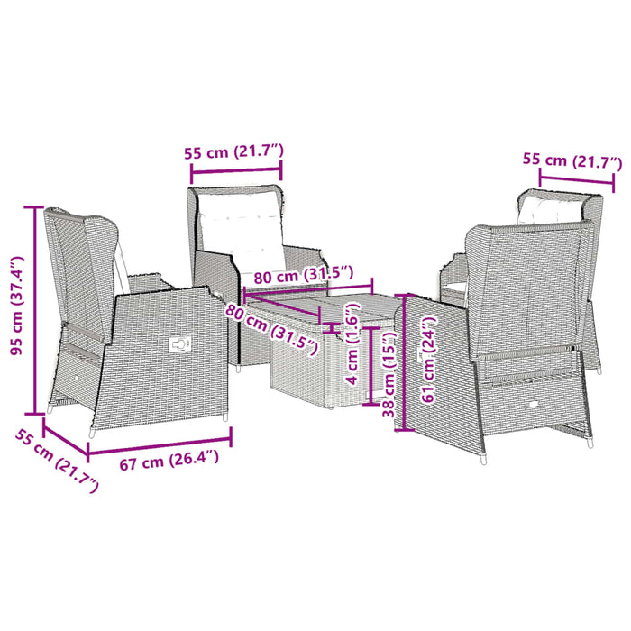 Set șezlonguri de grădină, 5 piese, cu perne, negru, poliratan WALTI