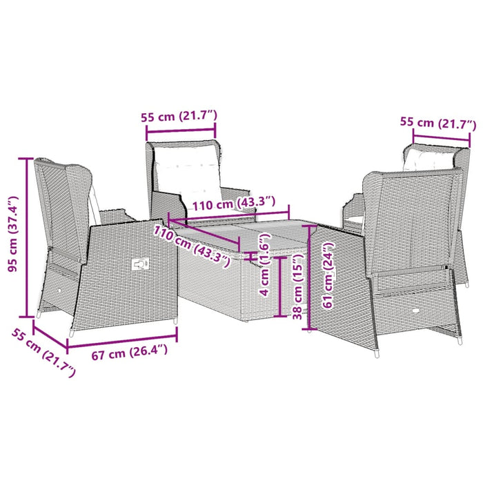 Set șezlonguri de grădină, 5 piese, cu perne, negru, poliratan WALTI