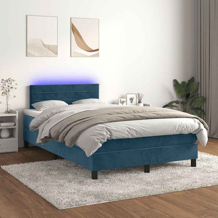 Pat box spring cu saltea/LED albastru închis 120x190cm catifea WALTI