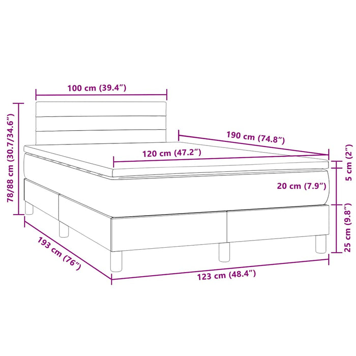 Pat box spring cu saltea/LED albastru închis 120x190cm catifea WALTI