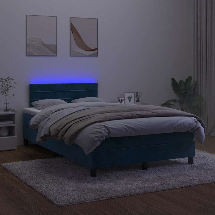 Pat box spring cu saltea/LED albastru închis 120x190cm catifea WALTI