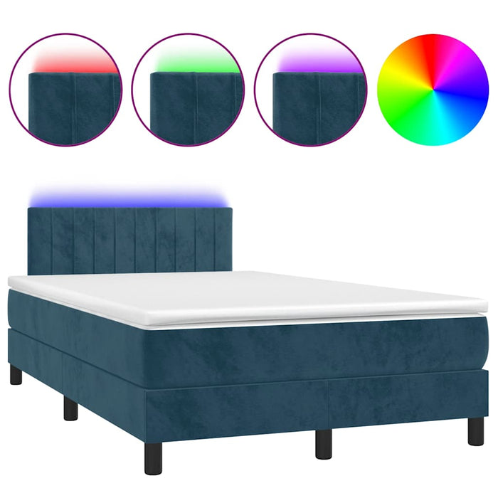 Pat box spring cu saltea/LED albastru închis 120x190cm catifea WALTI