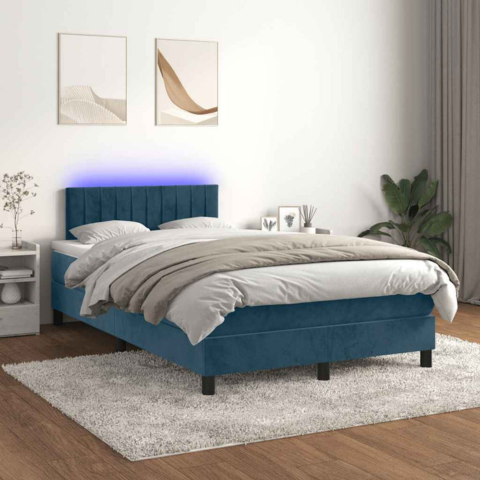 Pat box spring cu saltea/LED albastru închis 120x190cm catifea WALTI