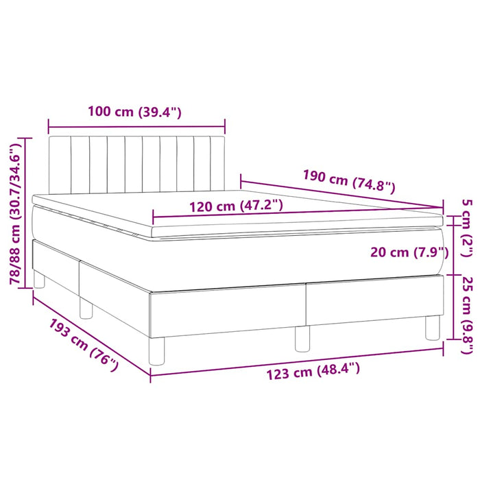Pat box spring cu saltea/LED albastru închis 120x190cm catifea WALTI