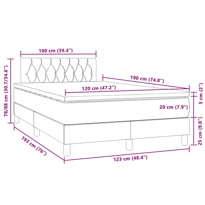 Pat box spring cu saltea/LED albastru închis 120x190cm catifea - WALTI WALTI