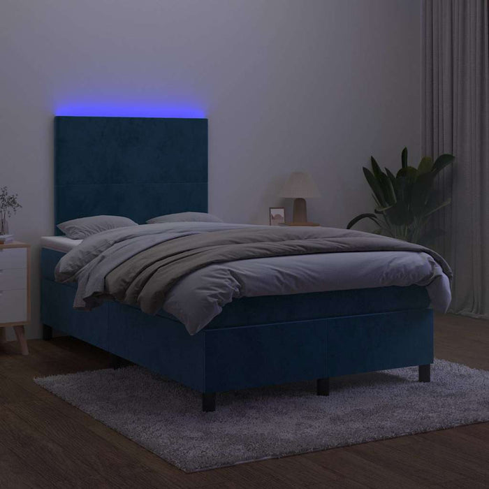 Pat box spring cu saltea/LED albastru închis 120x190cm catifea - WALTI WALTI