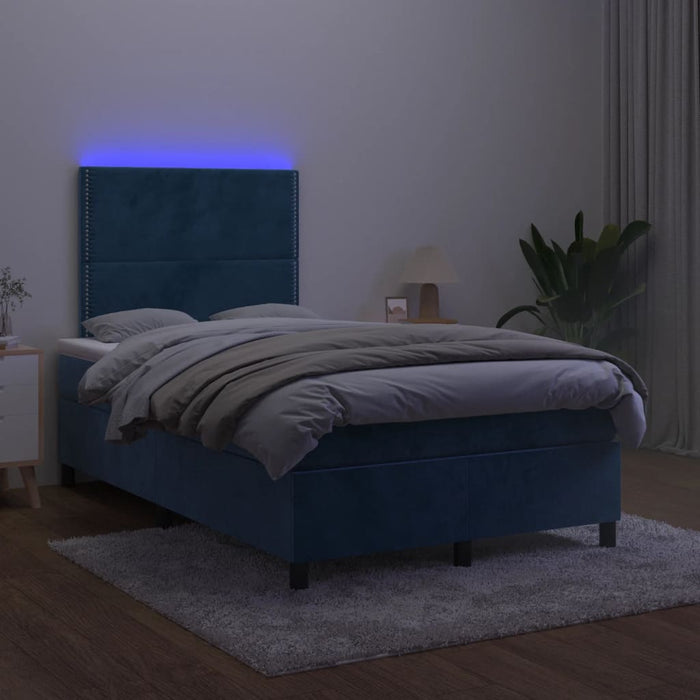 Pat box spring cu saltea/LED albastru închis 120x190cm catifea - WALTI WALTI