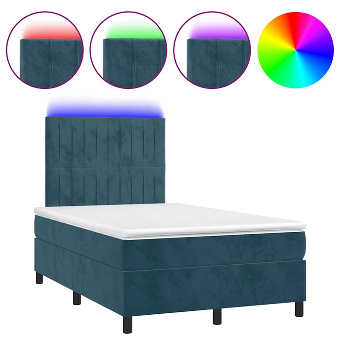 Pat box spring cu saltea/LED albastru închis 120x190cm catifea WALTI