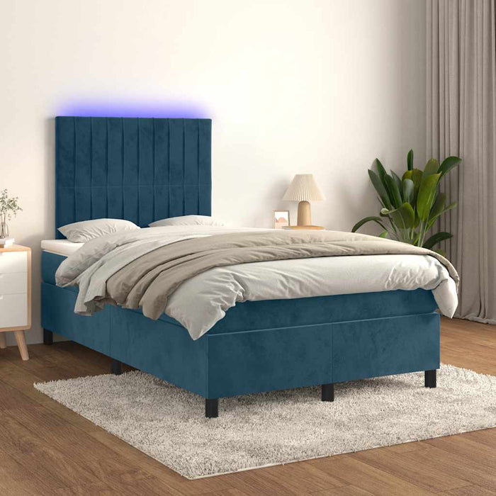Pat box spring cu saltea/LED albastru închis 120x190cm catifea WALTI