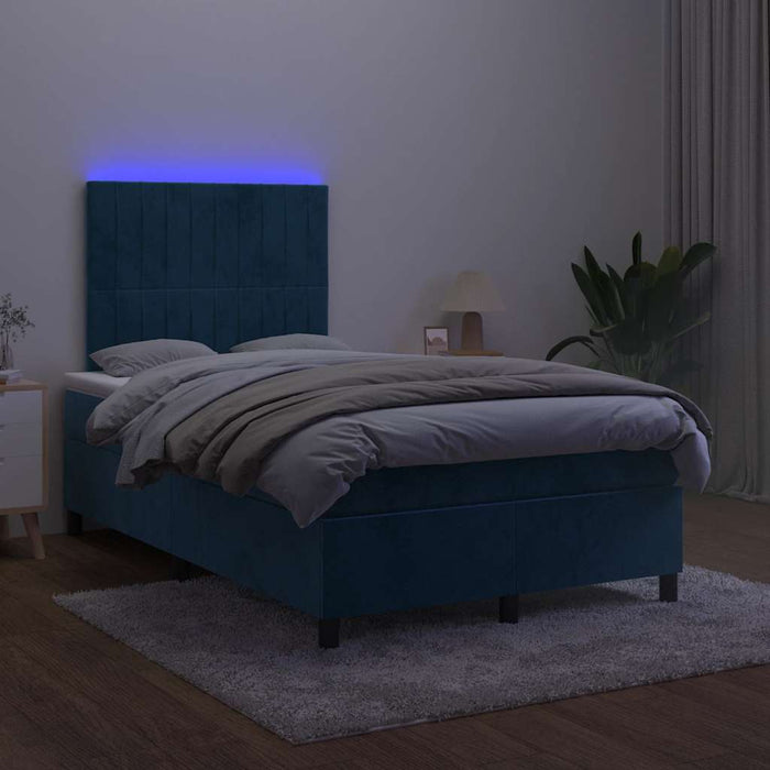 Pat box spring cu saltea/LED albastru închis 120x190cm catifea WALTI